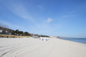 A wide sandy beach with a clear sky, some buildings in the background, and a calm sea. - Right on the beach promenade, balcony with a view of the sea - Aparthotel Ostsee FeWo 15 (Binz)