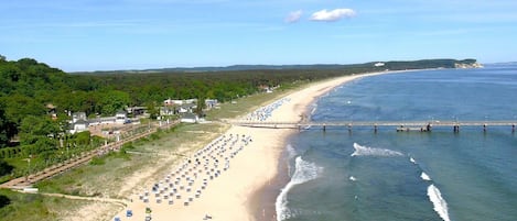 A beach with rows of umbrellas and a pier extending into the water.