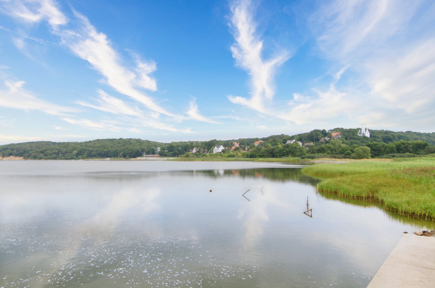 A calm lake with a clear sky, surrounded by greenery and houses in the background.