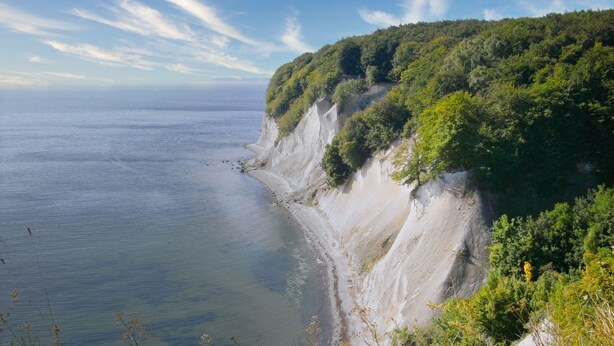 A coastal landscape with a cliff and a beach.