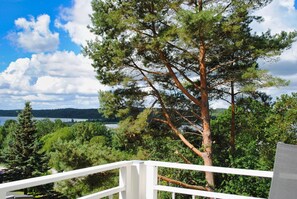A balcony with a railing overlooking a lake and trees.
