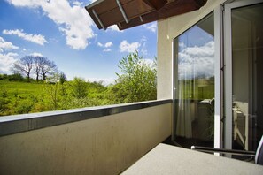 A balcony with a view of a green field and trees, a sliding glass door, and a wooden ceiling.