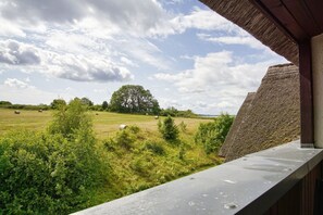 A view from a balcony overlooking a grassy field with hay bales and a tree. - Close to the beach with balcony, use of swimming pool and sauna - Strandhaus Mönchgut FeWo21 (Middelhagen)