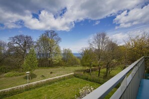 Blick von einem Balkon auf eine grüne Fläche mit Bäumen und ein Gewässer in der Ferne.