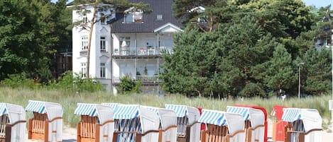 Sillas de playa con toldos a rayas dispuestas sobre una playa arenosa, con un edificio de varios pisos y árboles al fondo.