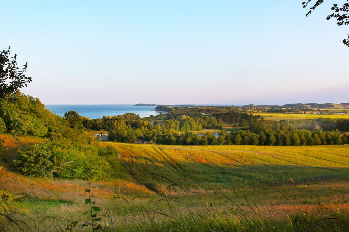 A landscape with a view of the sea, rolling hills, and a distant building.
