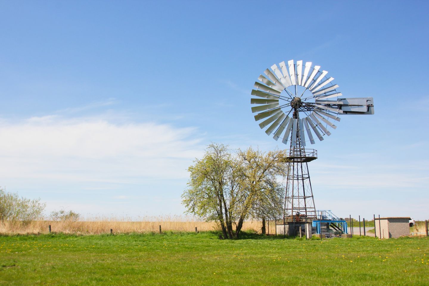 Un molino de viento en un campo con cielo despejado.