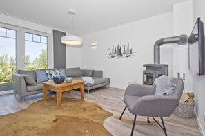 A modern living room with a sofa, a coffee table, a rug, and a fireplace. - At the sailing harbor, terrace, garden, sea view - vacation home Boddentraum Abendrot - (Gager)