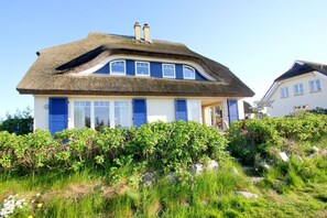 A house with a thatched roof, blue shutters, and a garden in front.