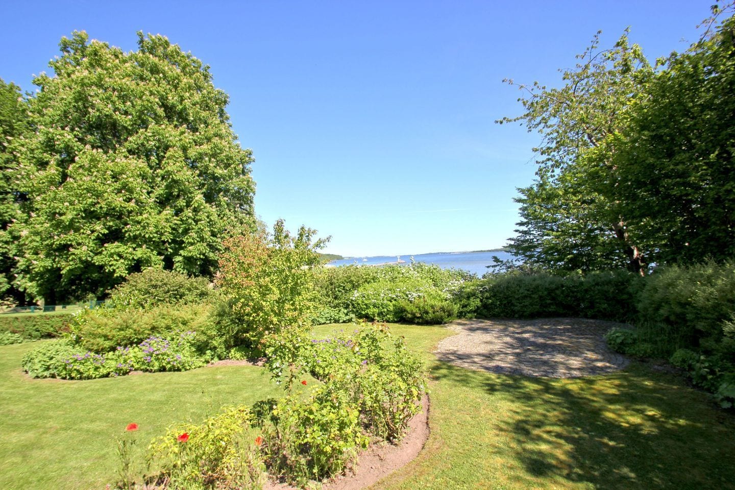 A well-maintained garden with a variety of plants and flowers, a clear sky, and a view of the sea in the background.