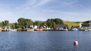 Un port avec des bateaux, des maisons et une colline en arrière-plan.