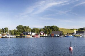 A harbor with boats, houses, and a hill in the background.