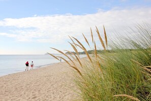 Ein Strand mit Sand und Gras, zwei Personen laufen dort.
