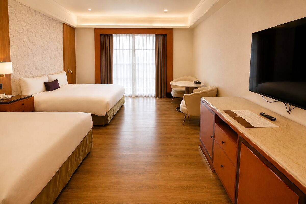 A hotel room with two beds, a TV, a desk, and a chair.