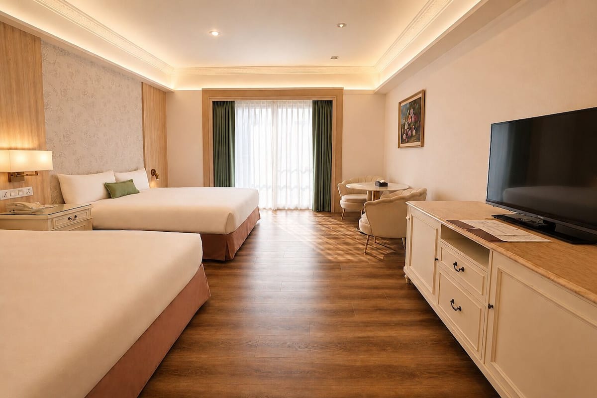 A hotel room with two beds, a TV, a desk, and a chair.