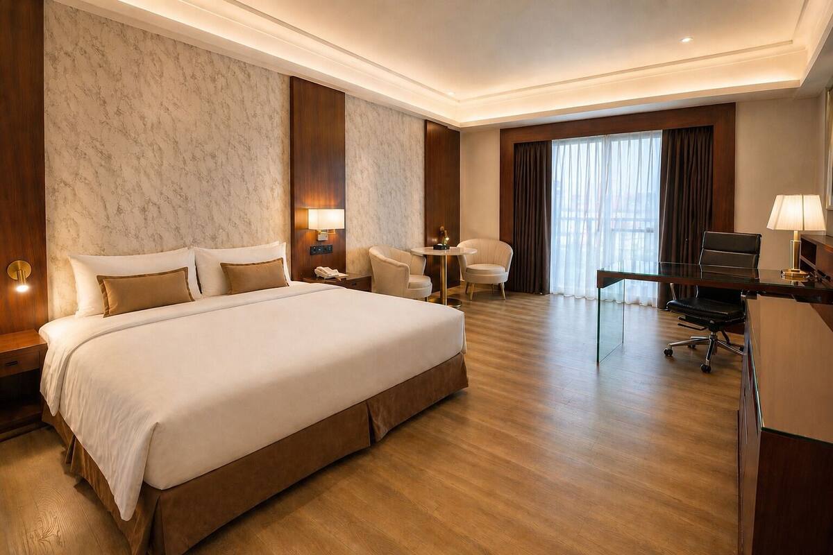 A hotel room with a large bed, a desk, a chair, and a small table.