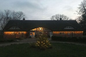 Una casa de dos pisos con techo de paja, decorada con luces colgantes y un pequeño árbol de Navidad en el jardín delantero.