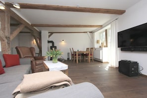 A cozy living room with a sofa, a chair, a dining table with chairs, a TV, and a fireplace. - F-1081 Pfarrhof Vacation Apartment - Pfarrhof Vacation Apartment F-1081 (Garz/Rügen)