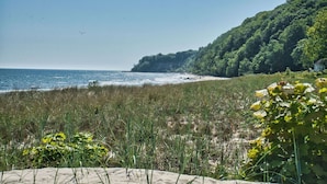A beach with a grassy foreground, a sandy beach, and a forested hill in the background. - Fantastic sea view from the balcony, use of swimming pool and sauna - Villa Bergfrieden (Göhren)