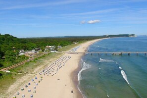 A beach with rows of beach umbrellas and sun loungers, a pier extending into the water, and a forested area in the background. - Vacation apartment in spa style with conservatory - Villa Maria FeWo Marianne 35 - (Göhren)
