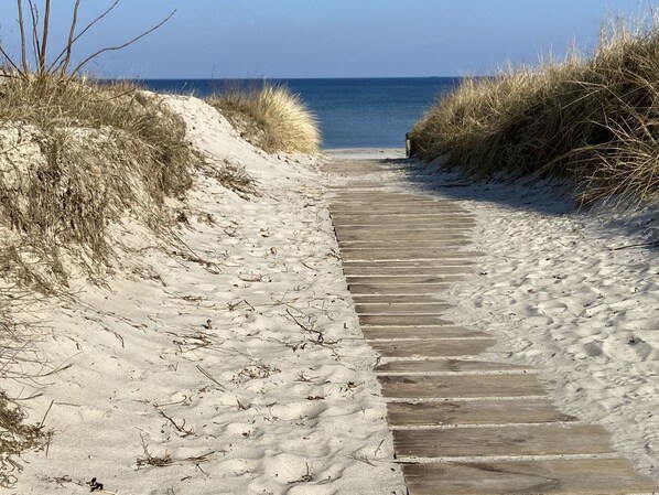A sandy beach path leading to the sea, flanked by dunes with sparse vegetation.