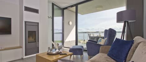 Televisión, chimenea y estéreo