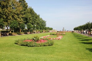 A park with a grassy area, flower beds, and trees. - House in a quiet location, with free use of the pool and sauna - Ferienhus Baabe - F (Baabe)