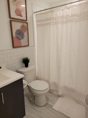 Combined shower/bathtub, hair dryer, towels, soap