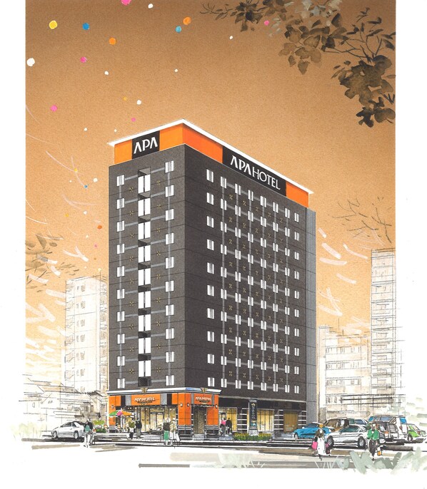 Un hôtel à plusieurs étages, reconnaissable à son enseigne « APA HOTEL », qui présente une architecture moderne et se distingue par une palette de couleurs vives, notamment l’orange et le noir.