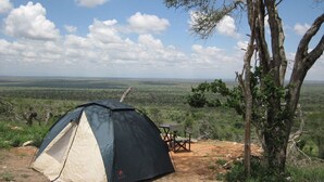 A dome-shaped tent with a table and chairs nearby, set in a natural landscape with a tree and a view of the horizon. - Cheetah Campsite Lumo (Mtito Andei)