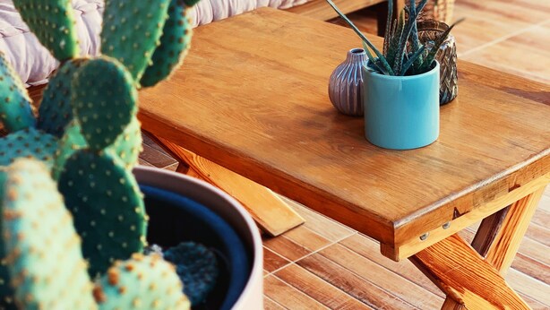 Un rincón acogedor con pared de piedra, una mesa de madera y diversas plantas en macetas.
