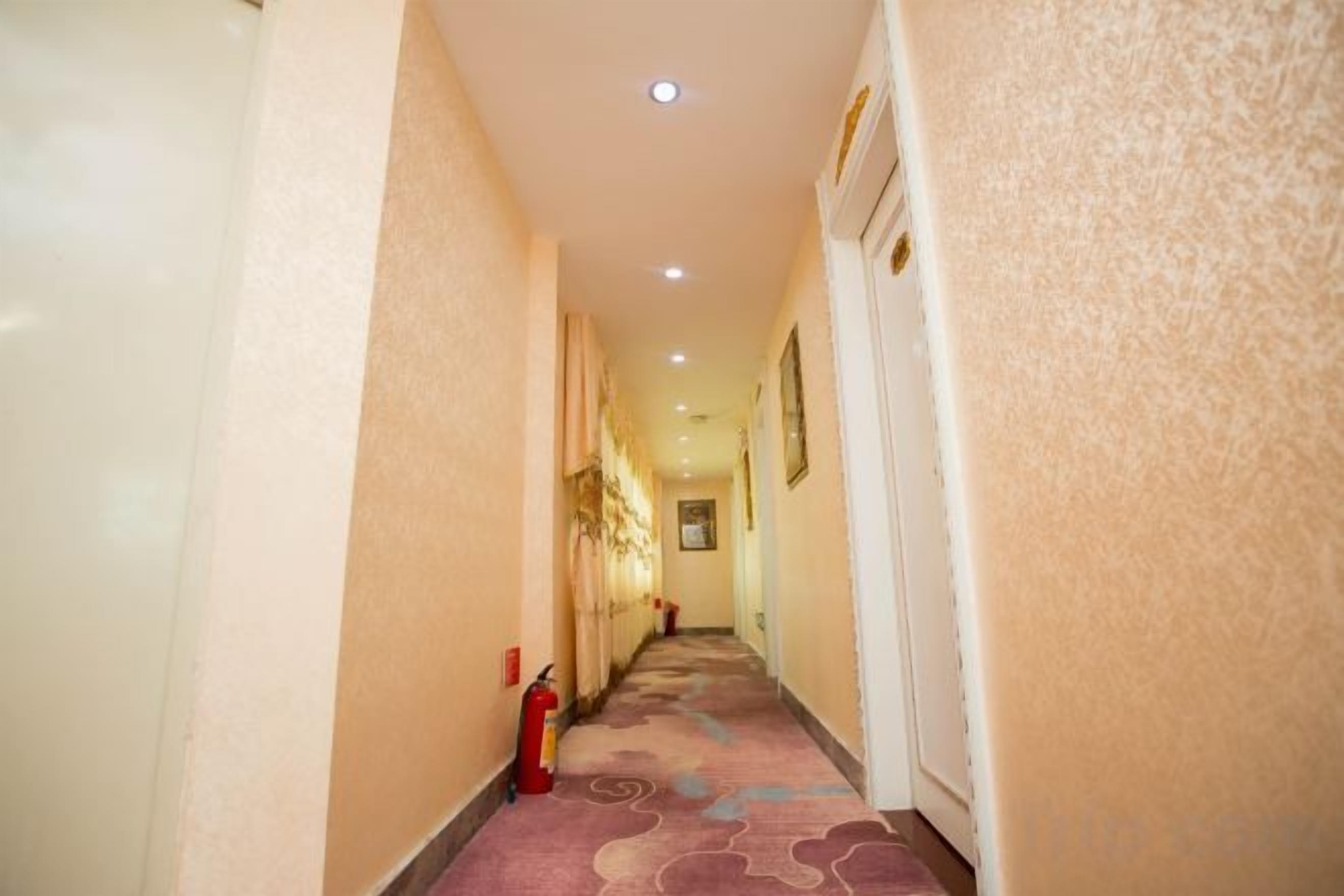 Un couloir d’hôtel avec un tapis à motifs, un extincteur et une porte au bout.