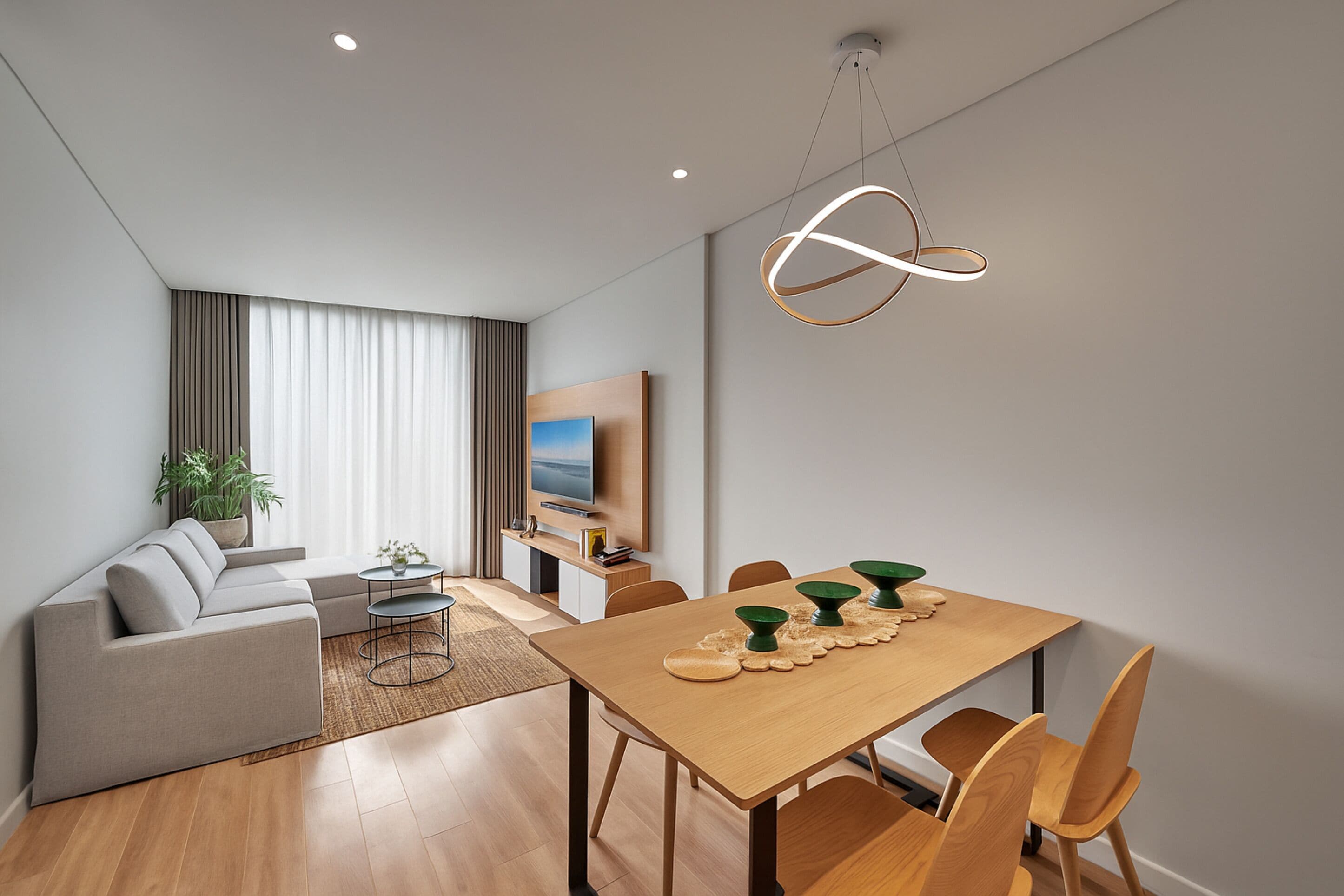 Una sala de estar moderna con un sofá, una mesa de comedor con sillas, un televisor y una planta.