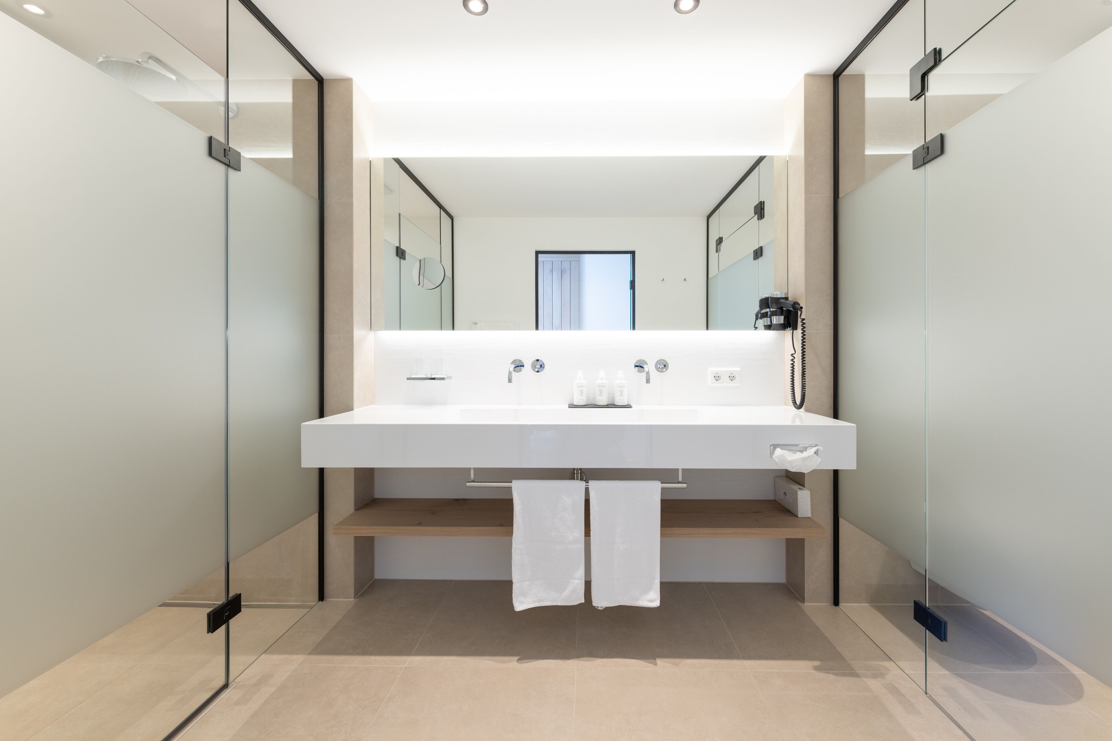 A modern bathroom with a large white sink, glass shower enclosure, and a view of the outside through a window.