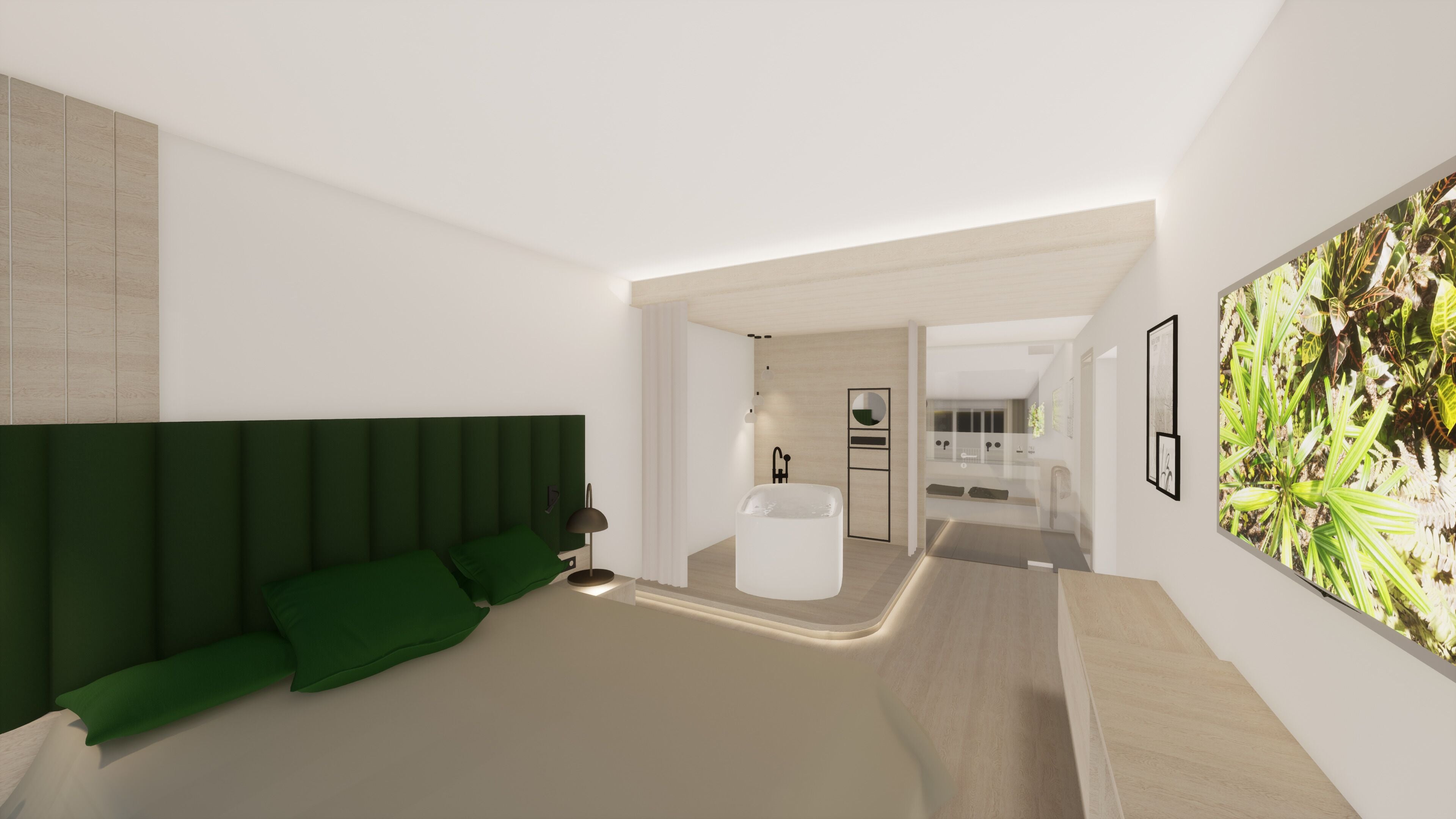 Een moderne slaapkamer met een groen bekleden hoofdeinde, een groot raam met uitzicht op planten, en een badkamer zichtbaar door een open deur.