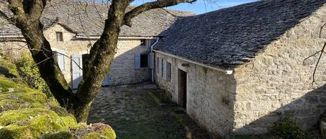A stone building with a moss-covered tree in front, a stone roof, and a small garden area.