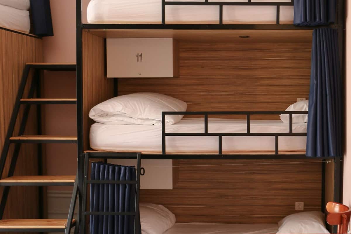 A bunk bed room with wooden walls, numbered beds, a small table, and a ladder.