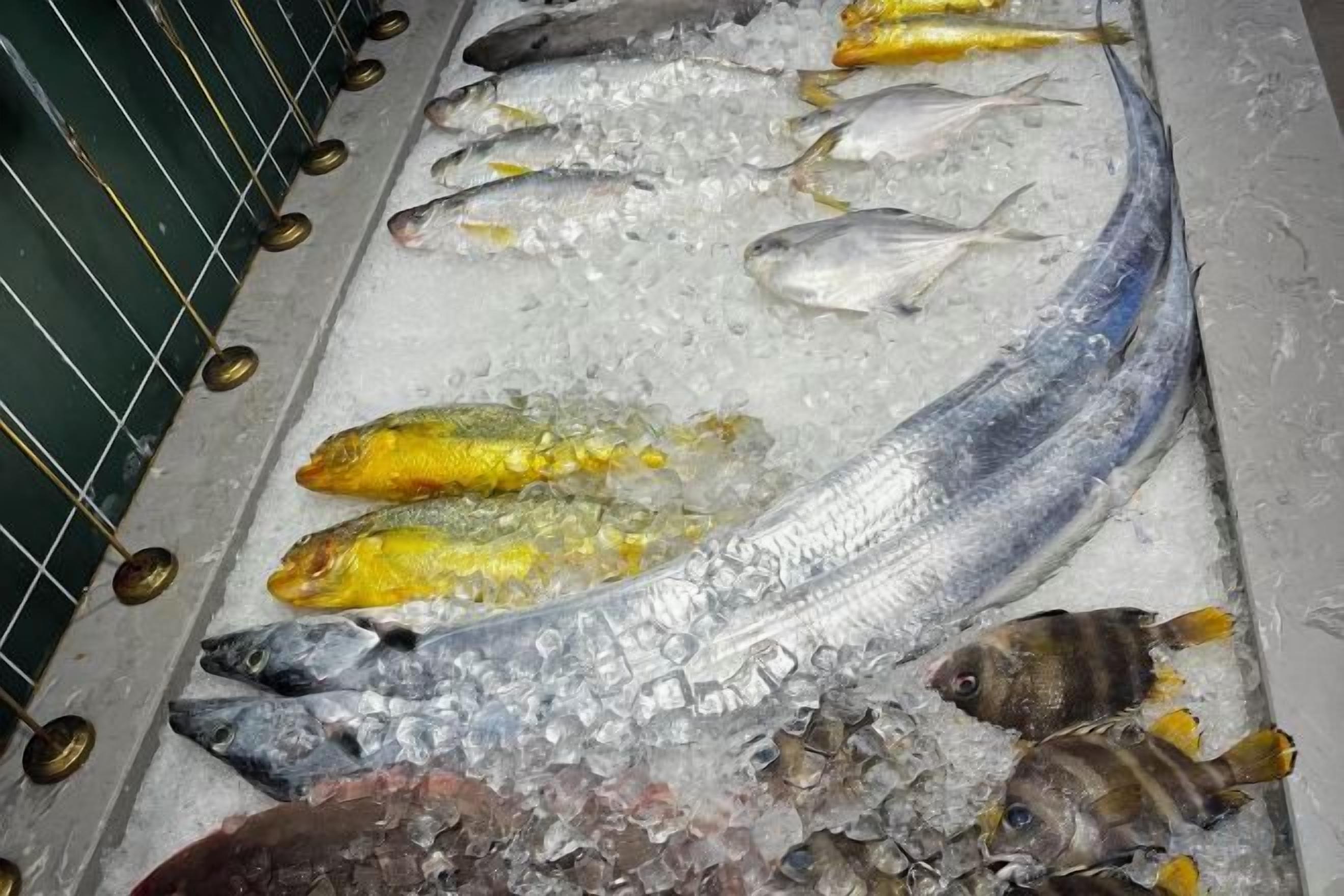Variedad de pescado sobre hielo, incluyendo especies amarillas y rayadas.