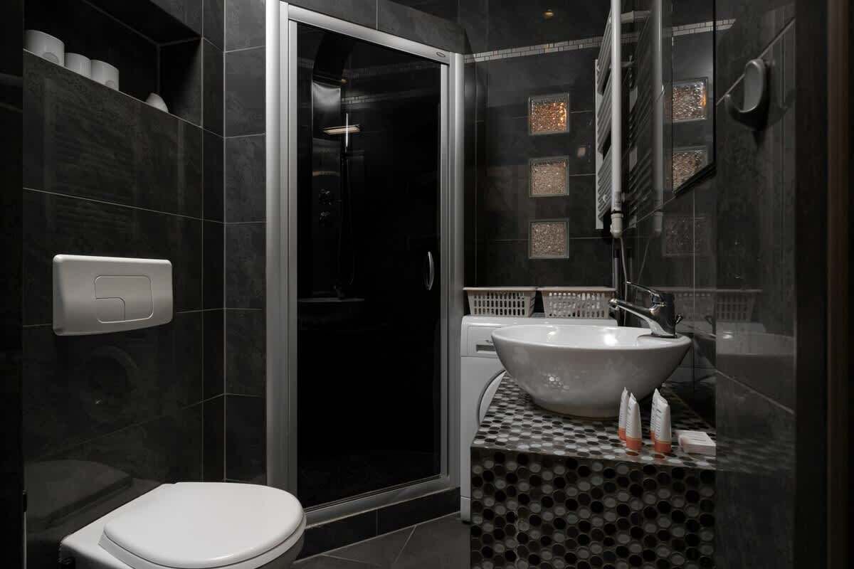 Shower, hair dryer, towels, shampoo