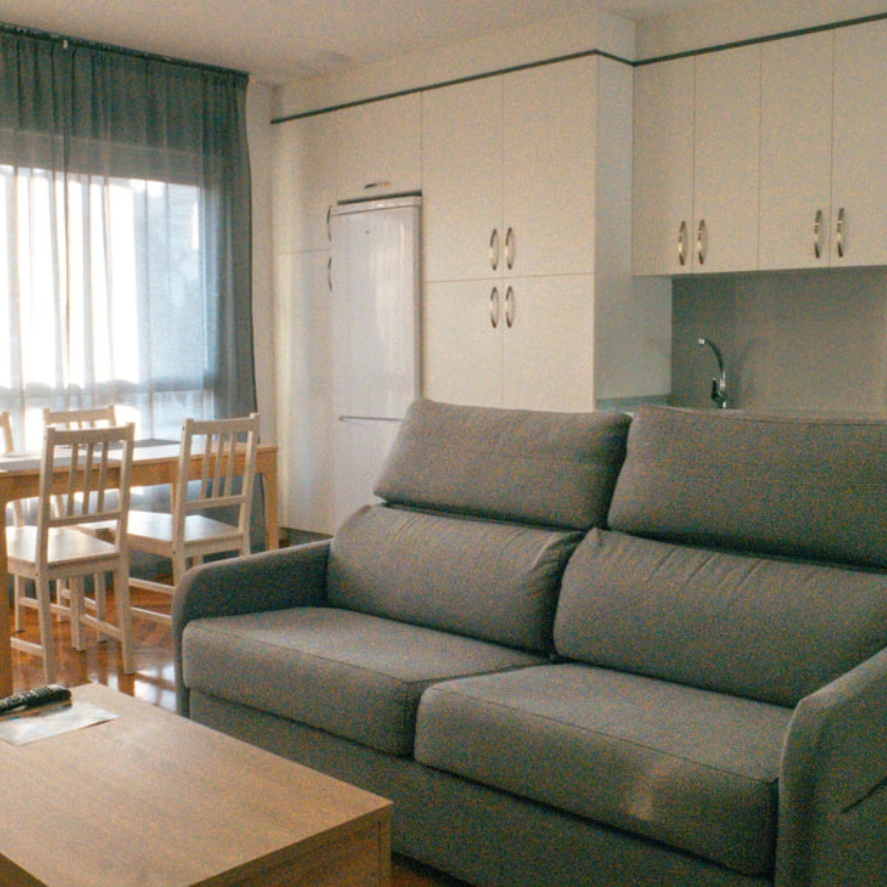 Een woonkamer met een grijze bank, houten stoelen, een kleine tafel en een wit kastje met een ingebouwde wastafel.