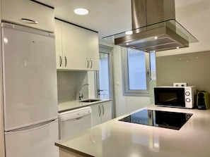 Full-size fridge, microwave, oven, stovetop
