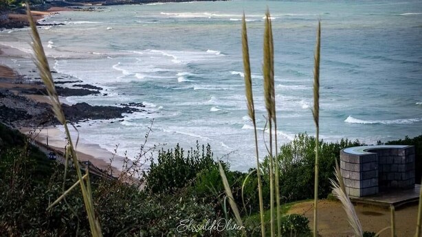 A coastal view with a beach, ocean waves, and a town in the background. - Biarritz charming two-room apartment with garden and parking! (Biarritz)