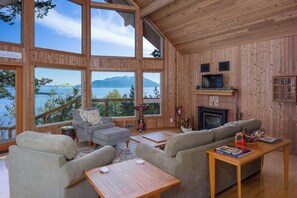 Smart TV, fireplace, DVD player, books