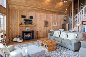 Smart TV, chimenea, reproductor de DVD y libros