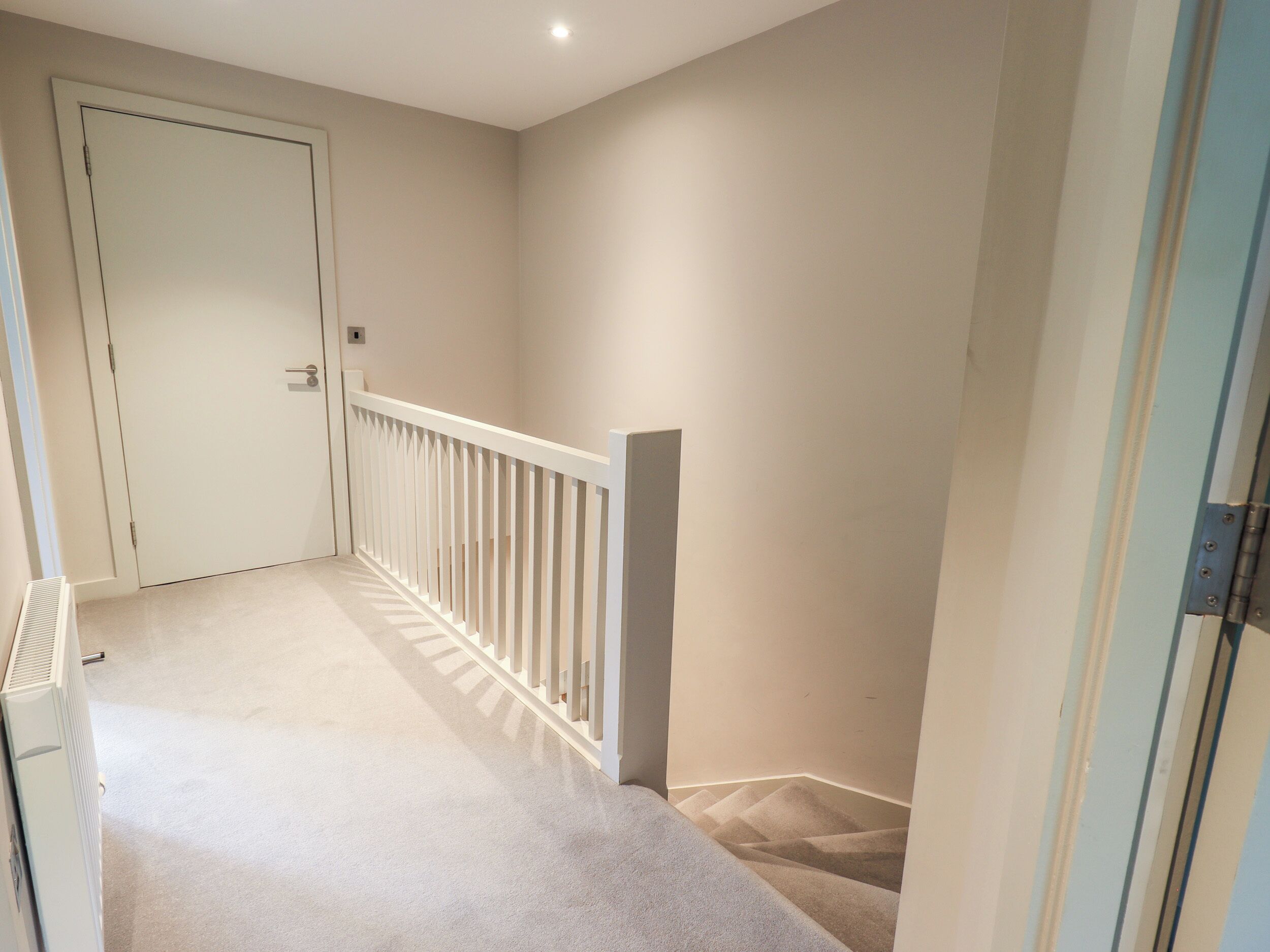 A narrow, carpeted hallway with a white door and a white railing leading to a landing.