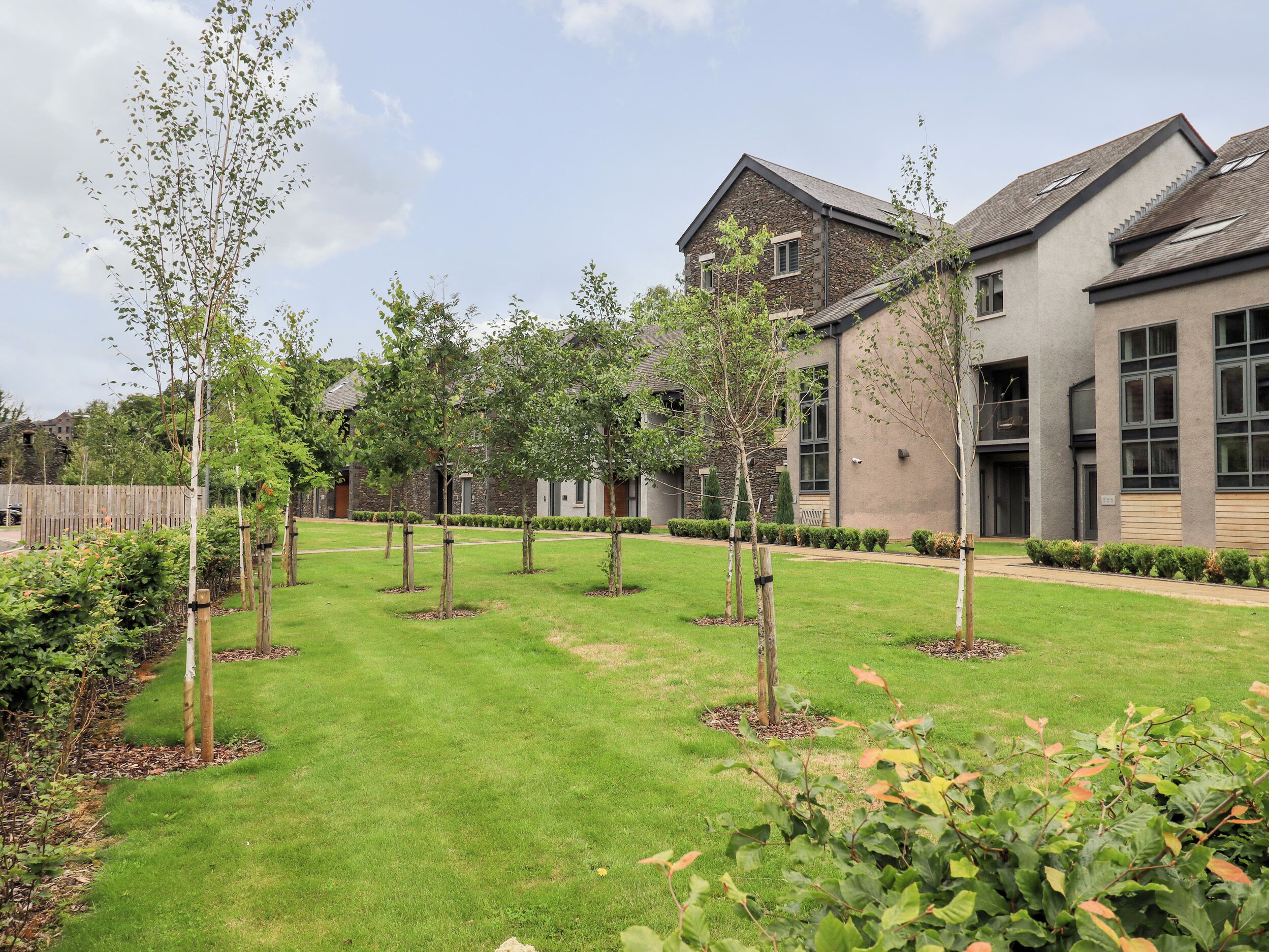 A modern building with a stone facade, large windows, and a well-maintained lawn with young trees.
