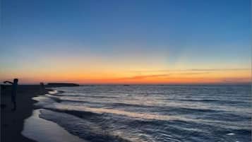 En strand med klar himmel och stilla hav.