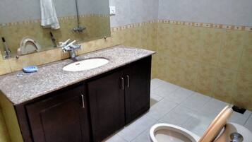 Ensemble douche/baignoire, sĂšche-cheveux, savon, papier toilette