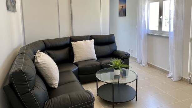 En moderne stue med en sort lædersofa i hjørneopstilling, et glasbord og en potteplante.