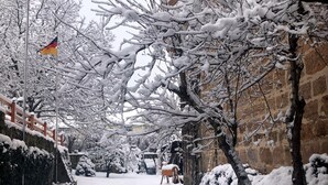 A snow-covered pathway with a flag, a stone wall, and a building in the background. - Romantic vacation apartment in a historic castle for 3-4 people (Nürnberg)